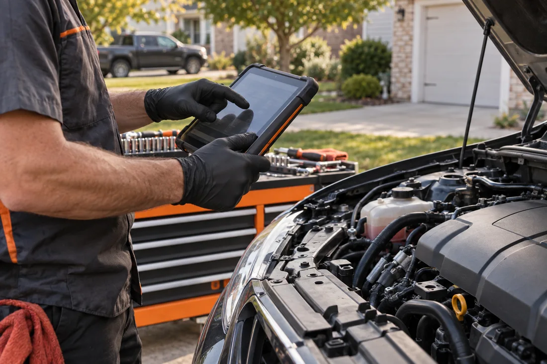 Mechanic using a diagnostic tablet beside an open engine bay