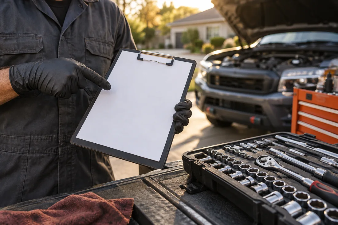 Mechanic discussing a repair estimate beside an organized tool kit