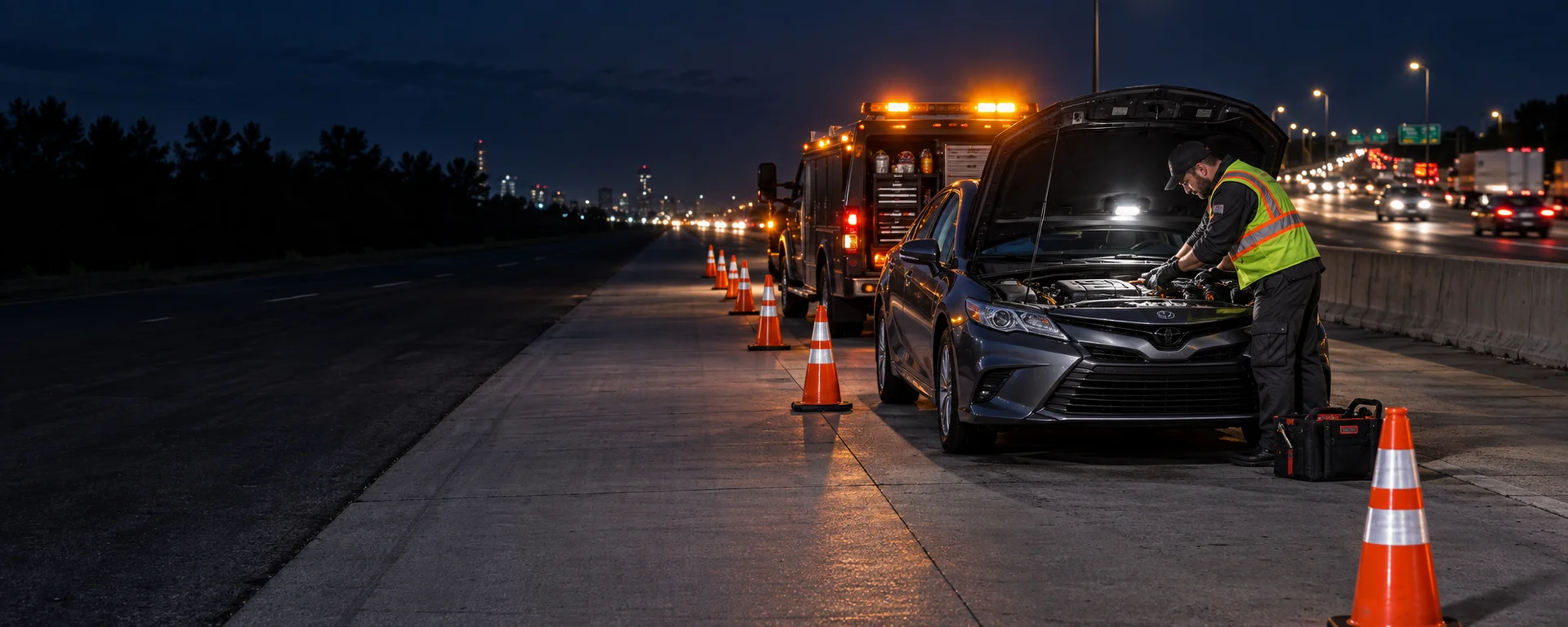 Nighttime roadside mechanic working beside a car with reflective cones and amber caution lights