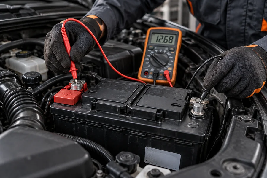 Mechanic testing car battery voltage with a multimeter