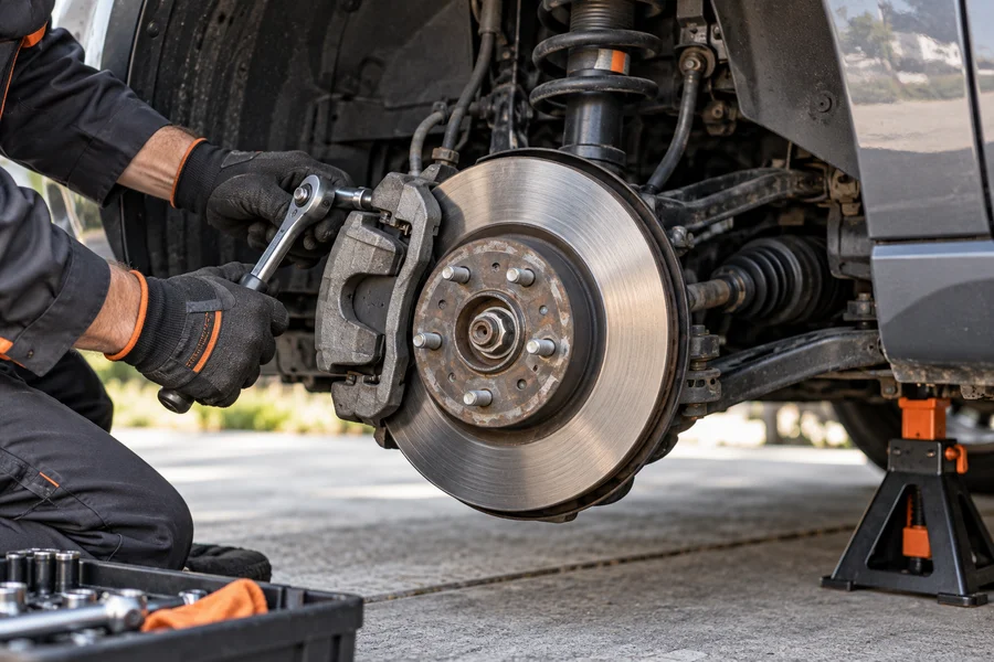 Brake rotor, caliper and suspension strut being inspected