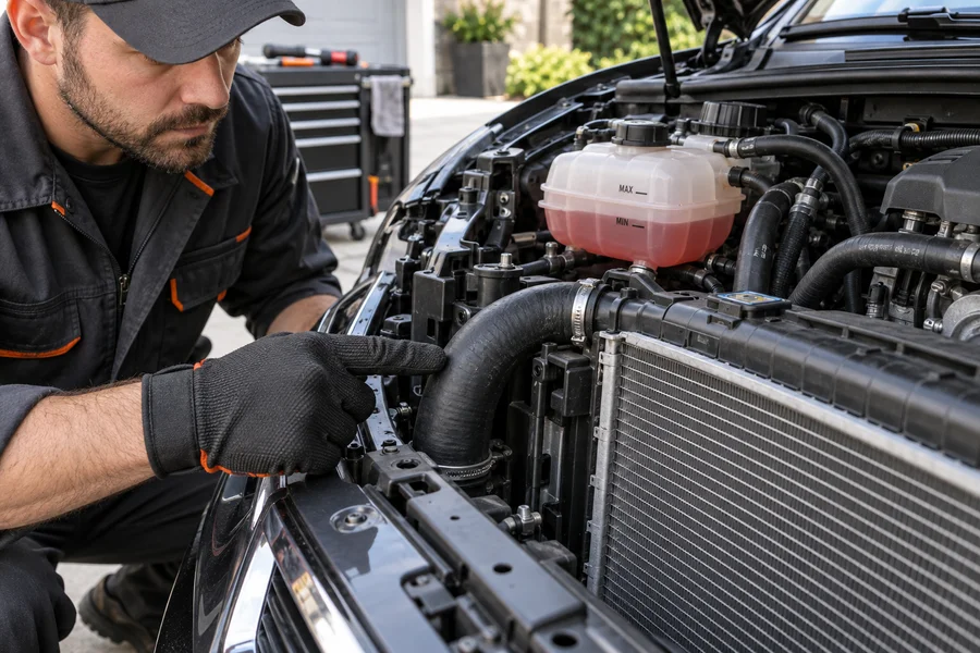 Mechanic inspecting radiator hose and coolant reservoir