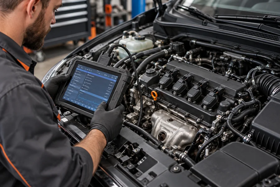 Mechanic scanning an engine with an automotive diagnostic tablet